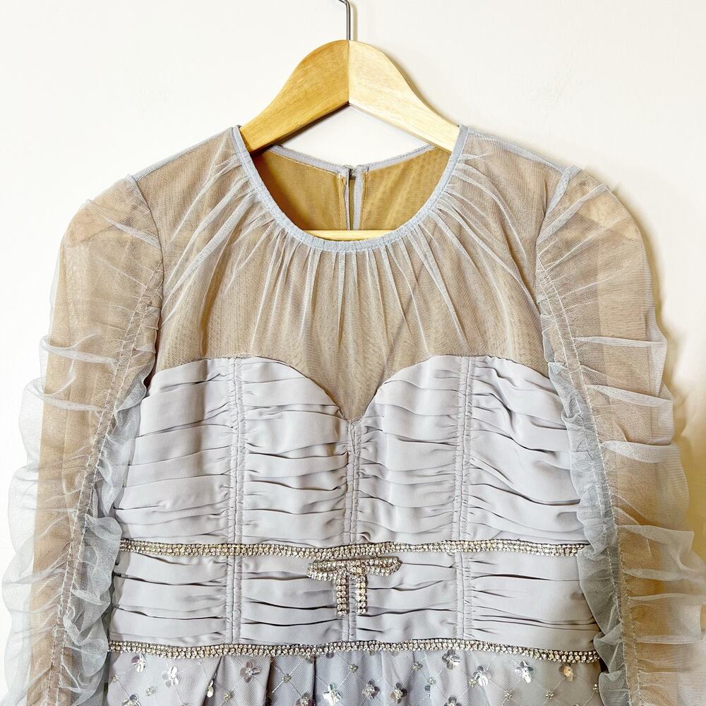 Self-Portrait Sequined Tulle Satin Tiered Midi Dress Grey US 8 - Picture 3 of 11